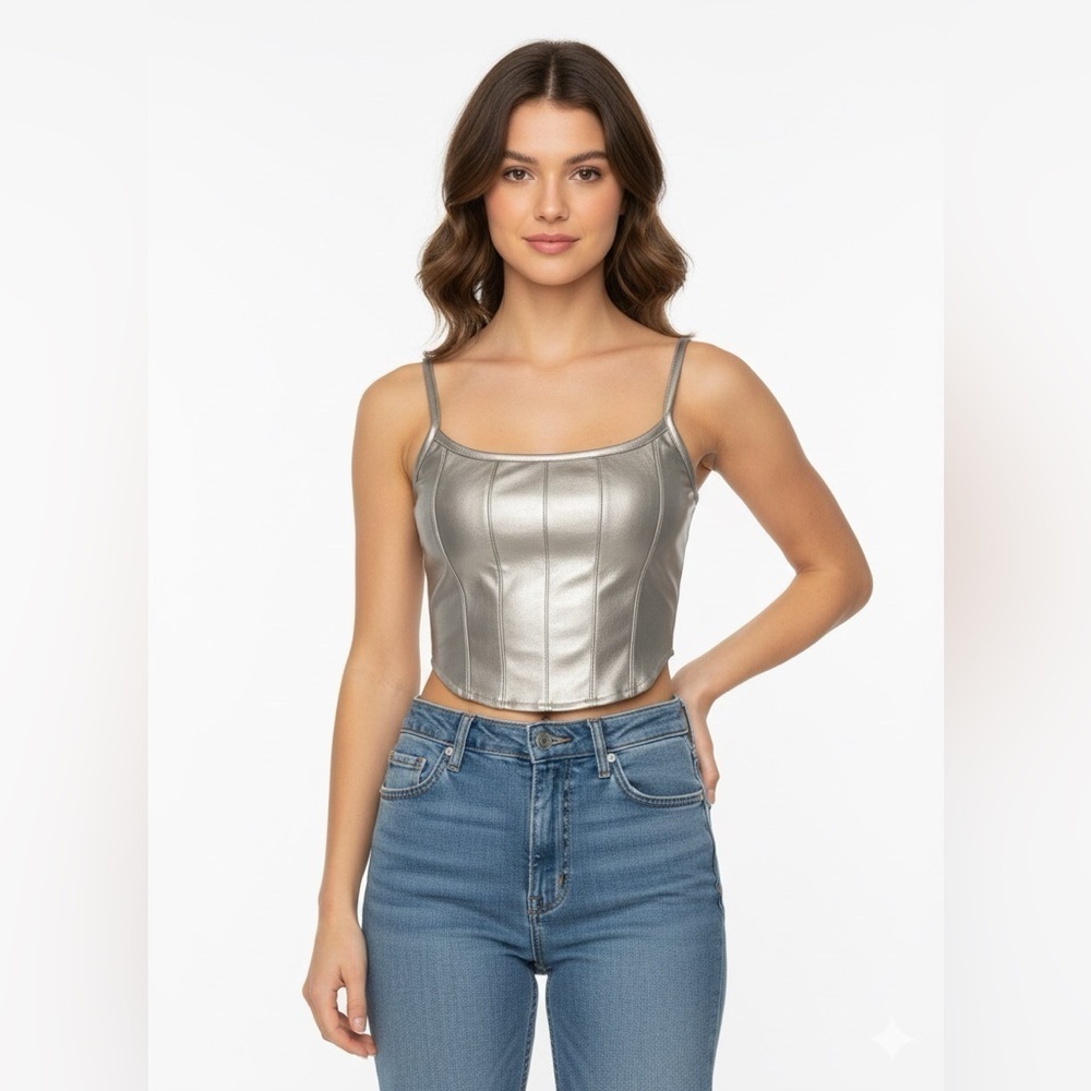 Kirious Metallic Silver Faux Leather Corset Top Structured Bustier M